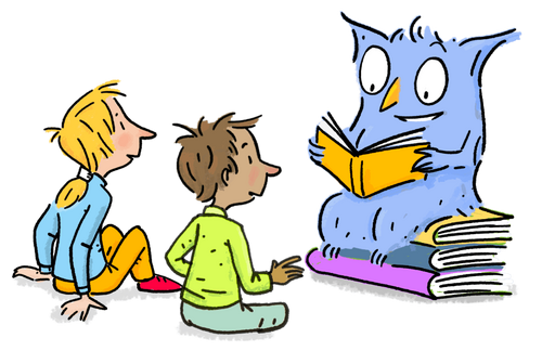 Die blaue LeseEule liest zwei Kindern aus einem Buch vor.