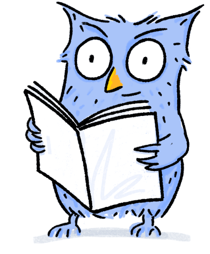 Illustration: Die blaue LeseEule liest in einem Buch