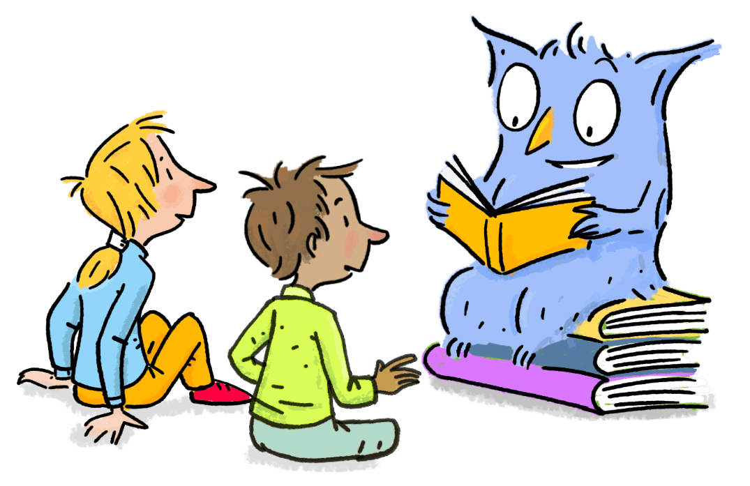 Die blaue LeseEule liest zwei Kindern aus einem Buch vor.