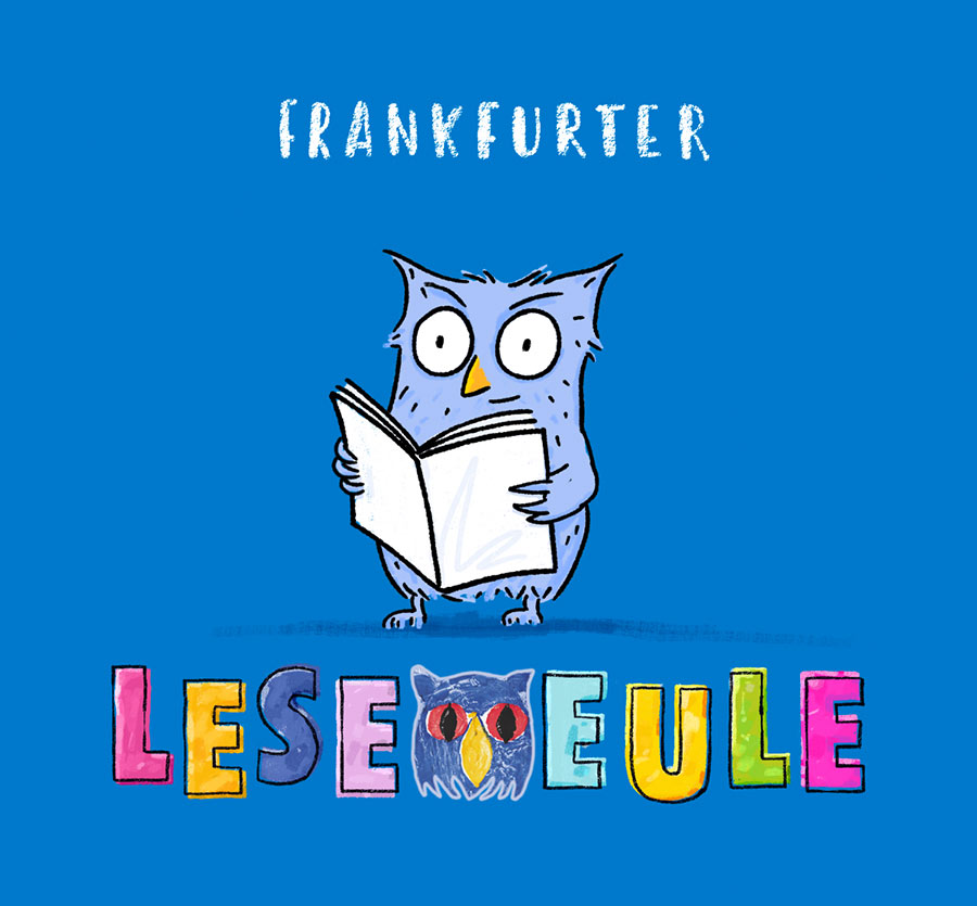 Illustration „Frankfurter LeseEule“: blaue Eule mit Buch